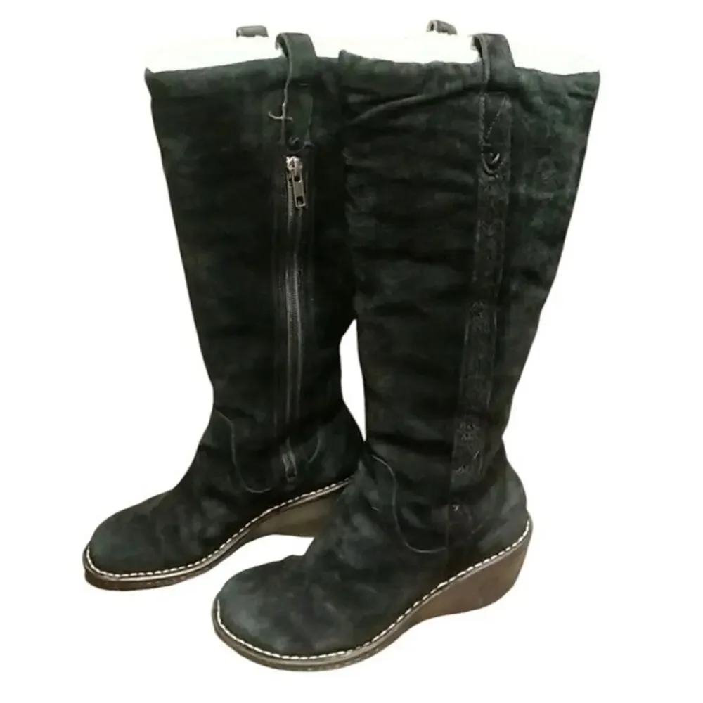 UGG Hartley Knee High Boots Black Suede & Sheep Skin Wedge S/N 3342 Size 7 M